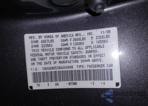 2009 Acura Tl 3.7 from USA, damaged, VIN 19UUA96539A000668